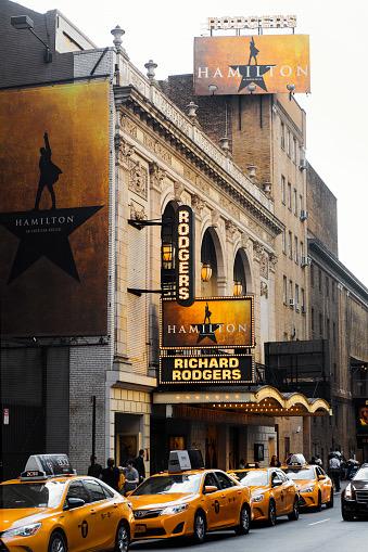 New York, United States - October 17, 2016: Richard Rodgers Theatre Hosting the Hamilton Musical - The Richard Rodgers Theatre opened in 1924 and, originally called the 46th Street Theatre, it was renamed in 1990 to honor the legendary composer Richard Rodgers, whose shows defined Broadway for over three decades.