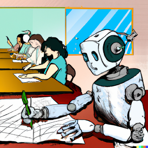 This image was created with the assistance of DALL·E 2, an AI image generator. The prompt used to create this image was: “A robot writes an essay on paper while sitting at a desk in a classroom with human students, in the style of a comic book.”