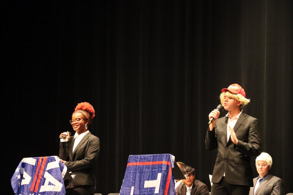 The "simulated" presidential candidates debate during a special assembly held before Election Day.