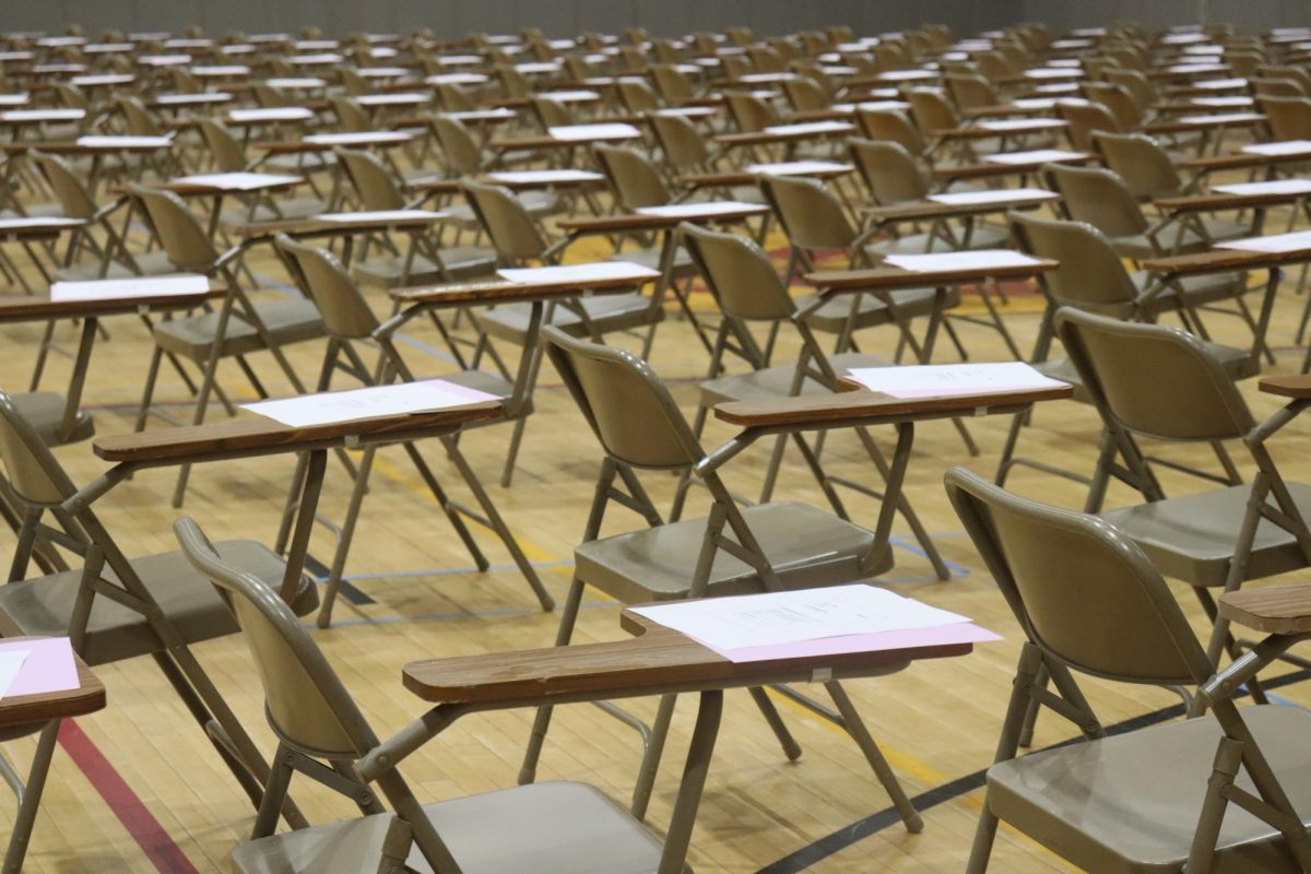 Desks in rows in prior preparation for the recent PSAT and SAT exams