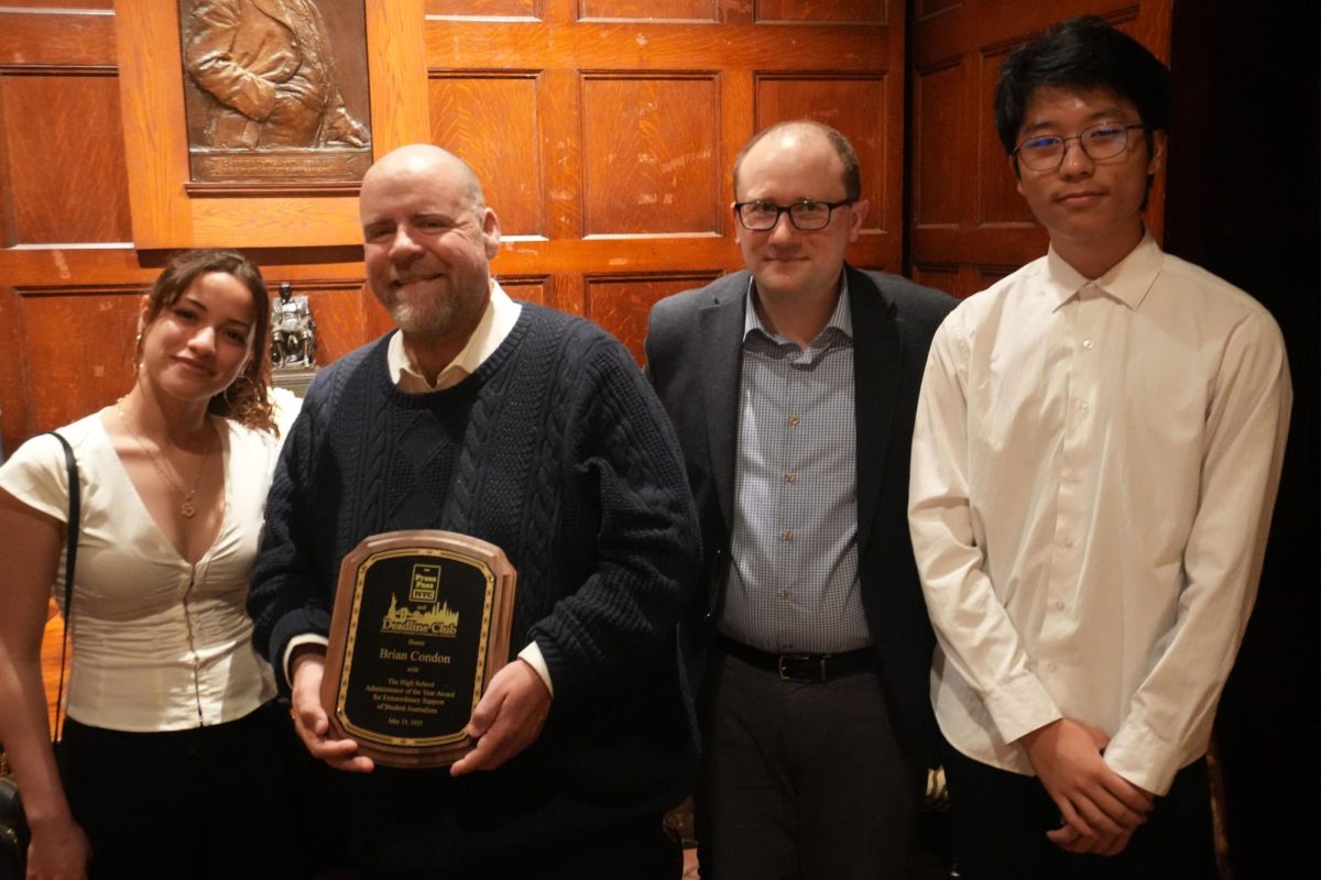 Principal Brian Condon, Classic Advisor and English teacher Brian Sweeney, and Managing Editors Ryan Chen and Yasmeen Ismail