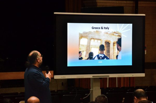 Latin teacher Christopher Amanna at the Greece and Italy trip information session.