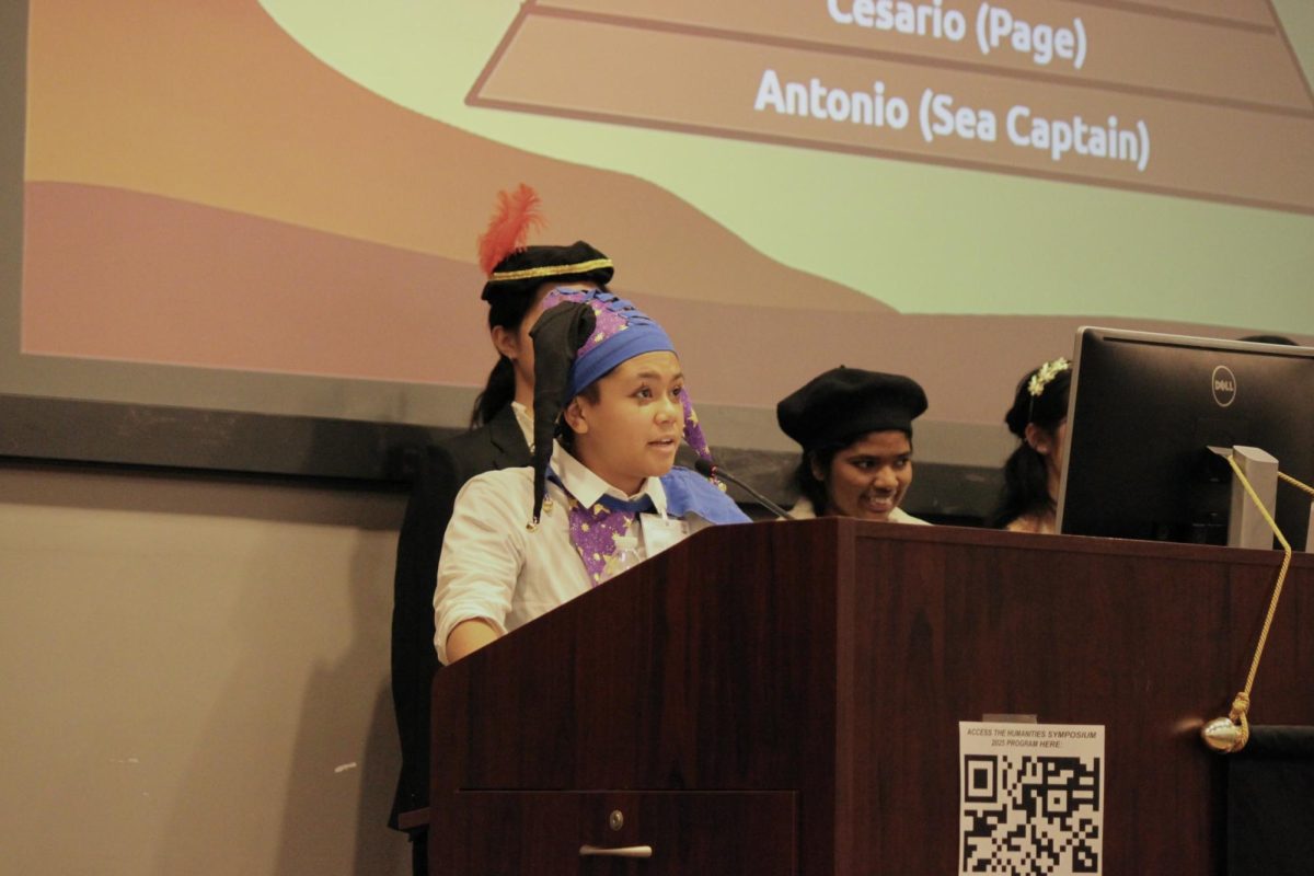 Olive Ballikurva, Yazhi Dai, Jenney Huang, Mandy Lin, and Mila Servania presenting during the Humanities Symposium