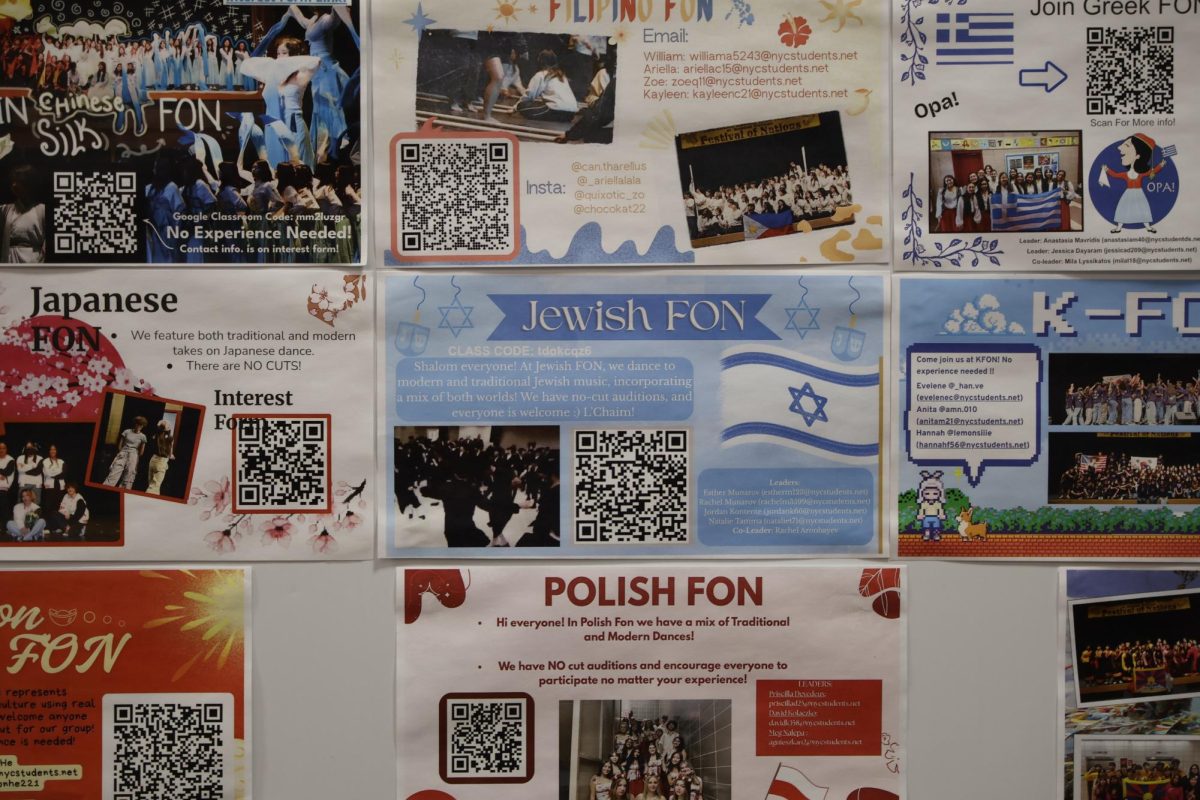 The Jewish FON poster surrounded by other FON posters as a part of the new display in the lobby near the security desk. 