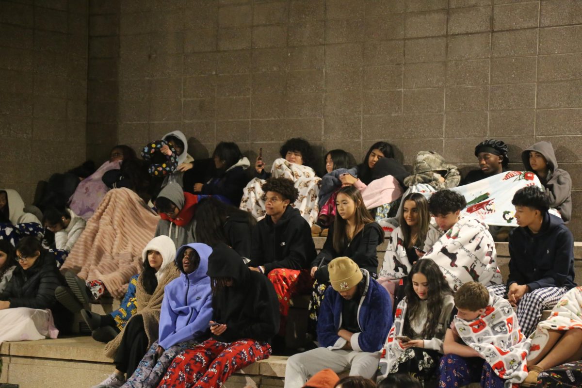 Students take part in a Band Negative One pilot this spring where they slept overnight in the THHS courtyard to be ready for the 6:10AM start time for Band Negative One classes.