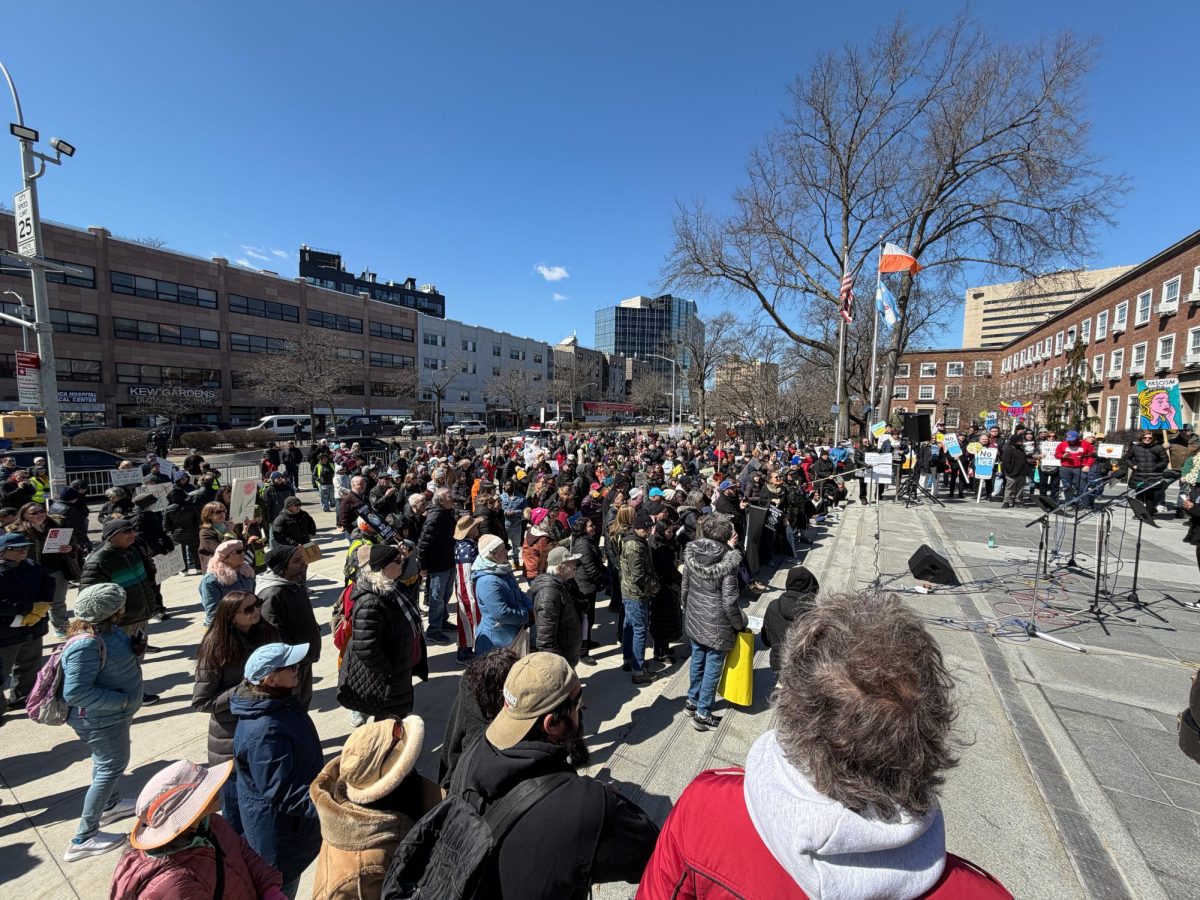 The crowd outside Queens Borough Hall during the No Kings protest on March 28.
