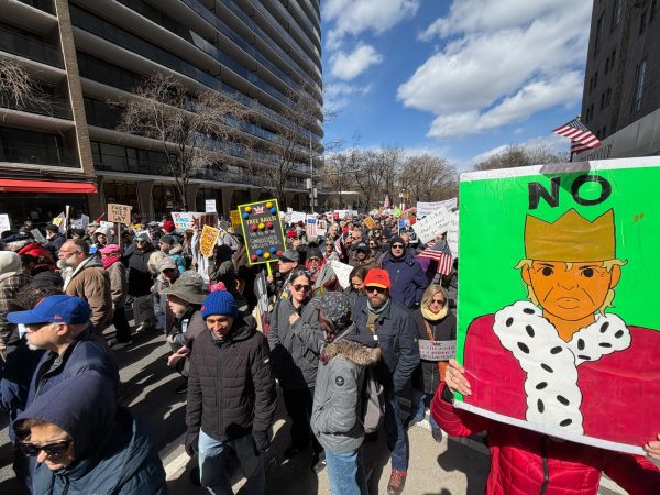 A crowd of protestors outside Central Park attending the No Kings protest in Manhattan, taking over seventh avenue on March 28.