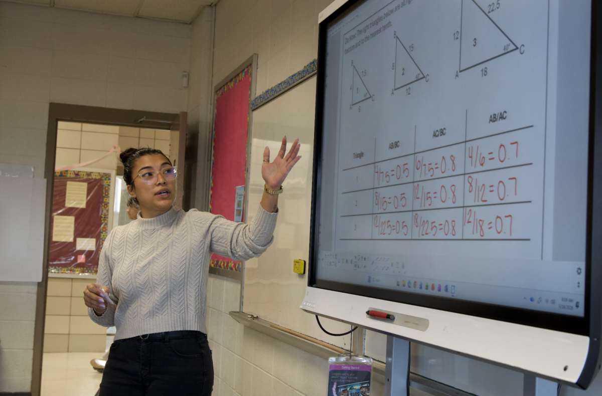 Mathematics teacher Daniela Herr teaching a geometry class using the Smartboard. 