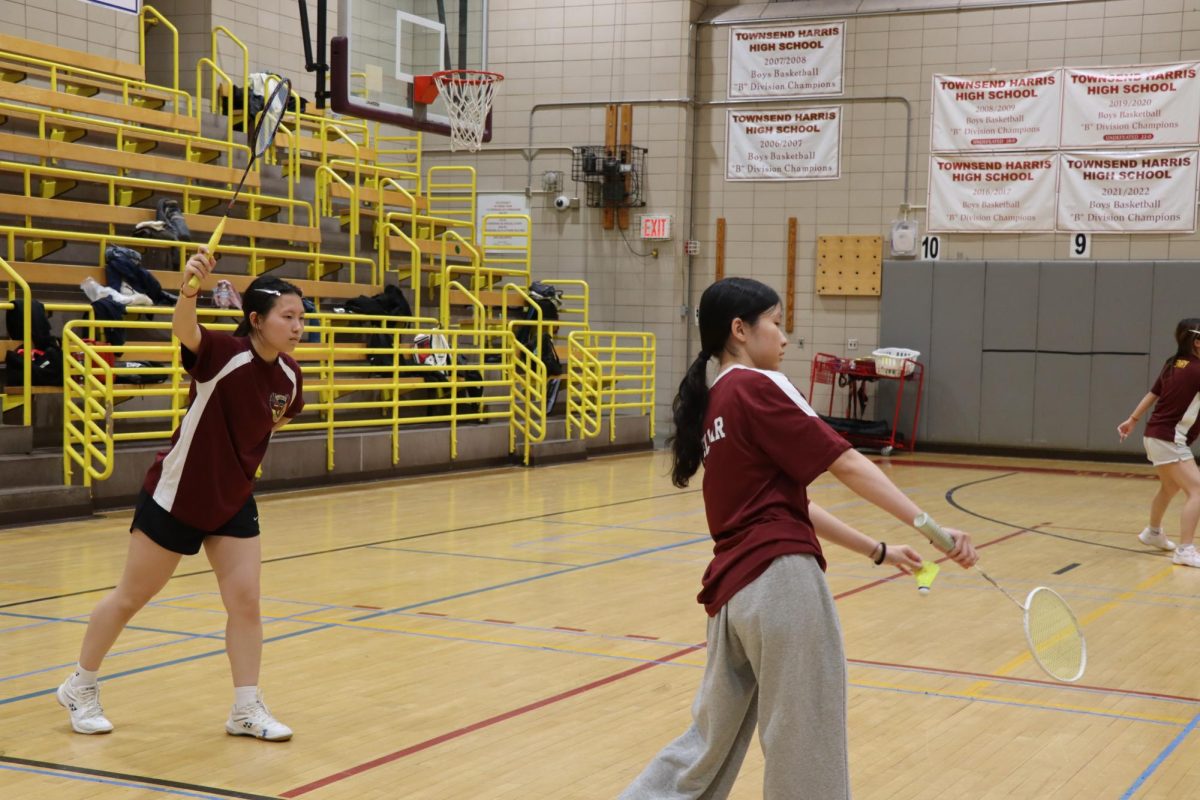 Girls varsity badminton first doubles team sophomore Khloe Chen and senior Abby Chu preparing to serve the birdie during their game against James Madison High School on May 4.